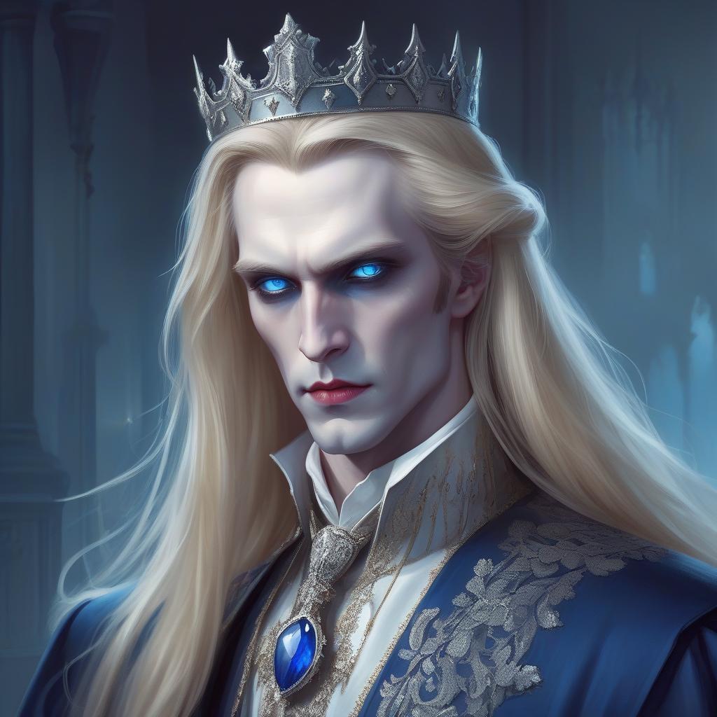  concept art vampire aristocrat with long blonde hair, royal clothes and a silver crown on his head, clear blue eyes, pale skin, aesthetics of gloom and beauty . digital artwork, illustrative, painterly, matte painting, highly detailed