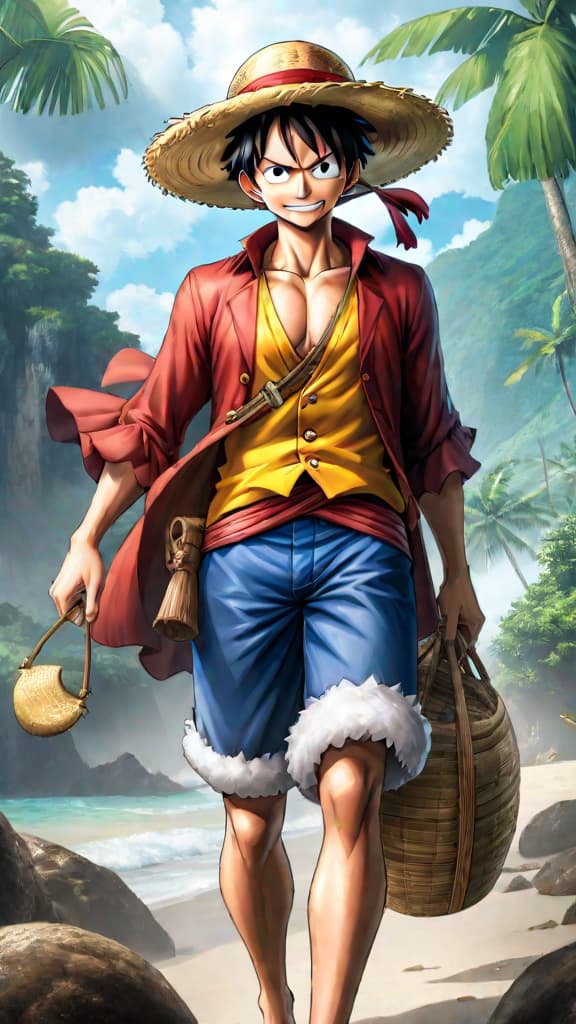  anime art: depict luffy and the straw hats on a quest for raftel, the key to one piece's mysteries. hyperrealistic, full body, detailed clothing, highly detailed, cinematic lighting, stunningly beautiful, intricate, sharp focus, f/1. 8, 85mm, (centered image composition), (professionally color graded), ((bright soft diffused light)), volumetric fog, trending on instagram, trending on tumblr, HDR 4K, 8K