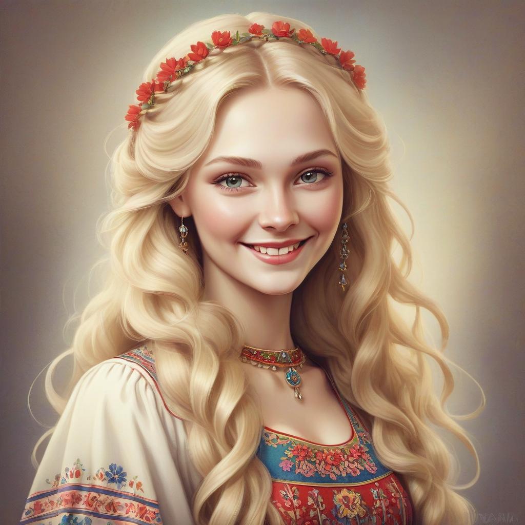  a charming slavic woman. long blonde wavy hair. smile. russian folk dress without cutouts. art by janet holloway, art by anna dittmann, art by chris ofilil