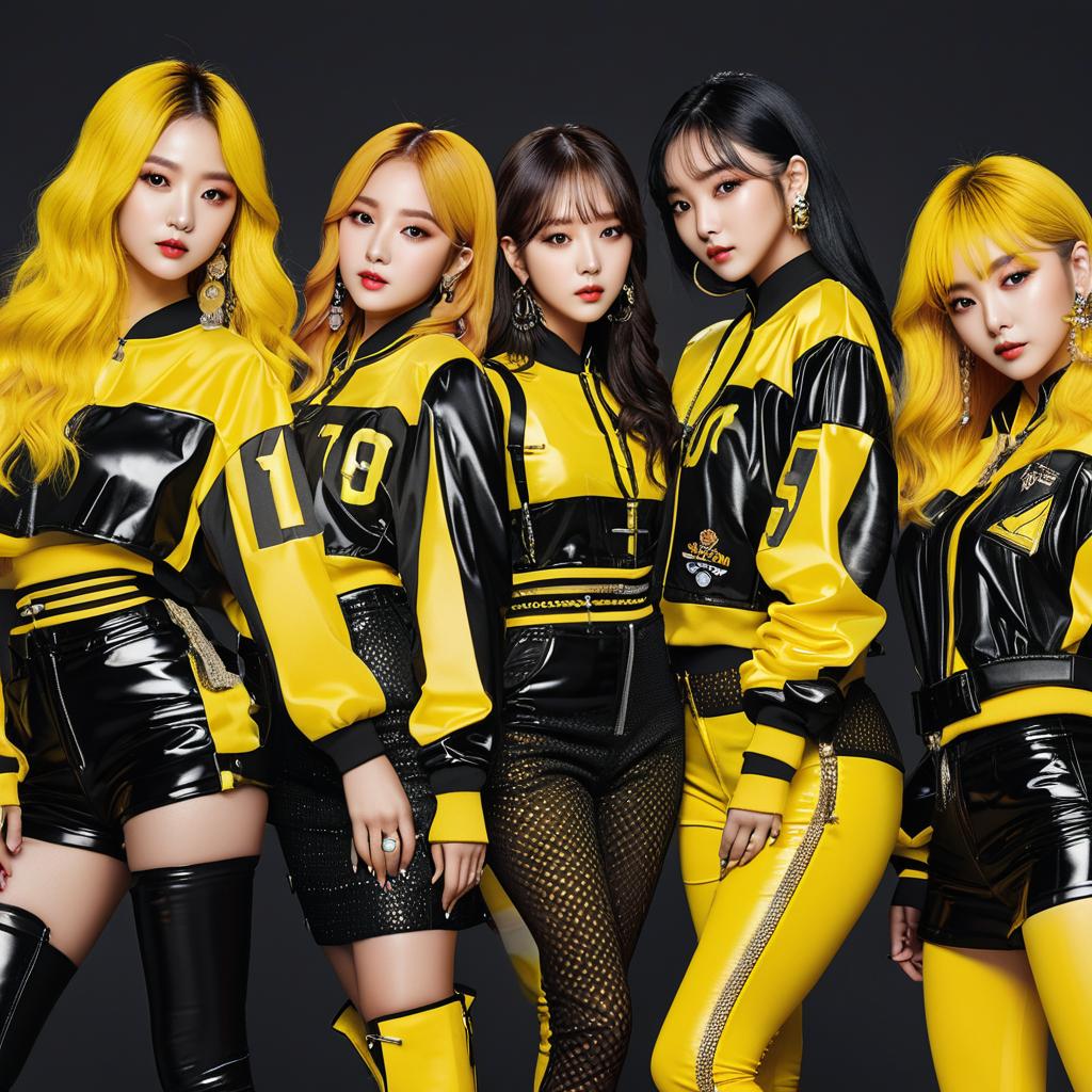  kpop girl group with 5 members with yellow and black outfits, award winning, professional, highly detailed, masterpiece