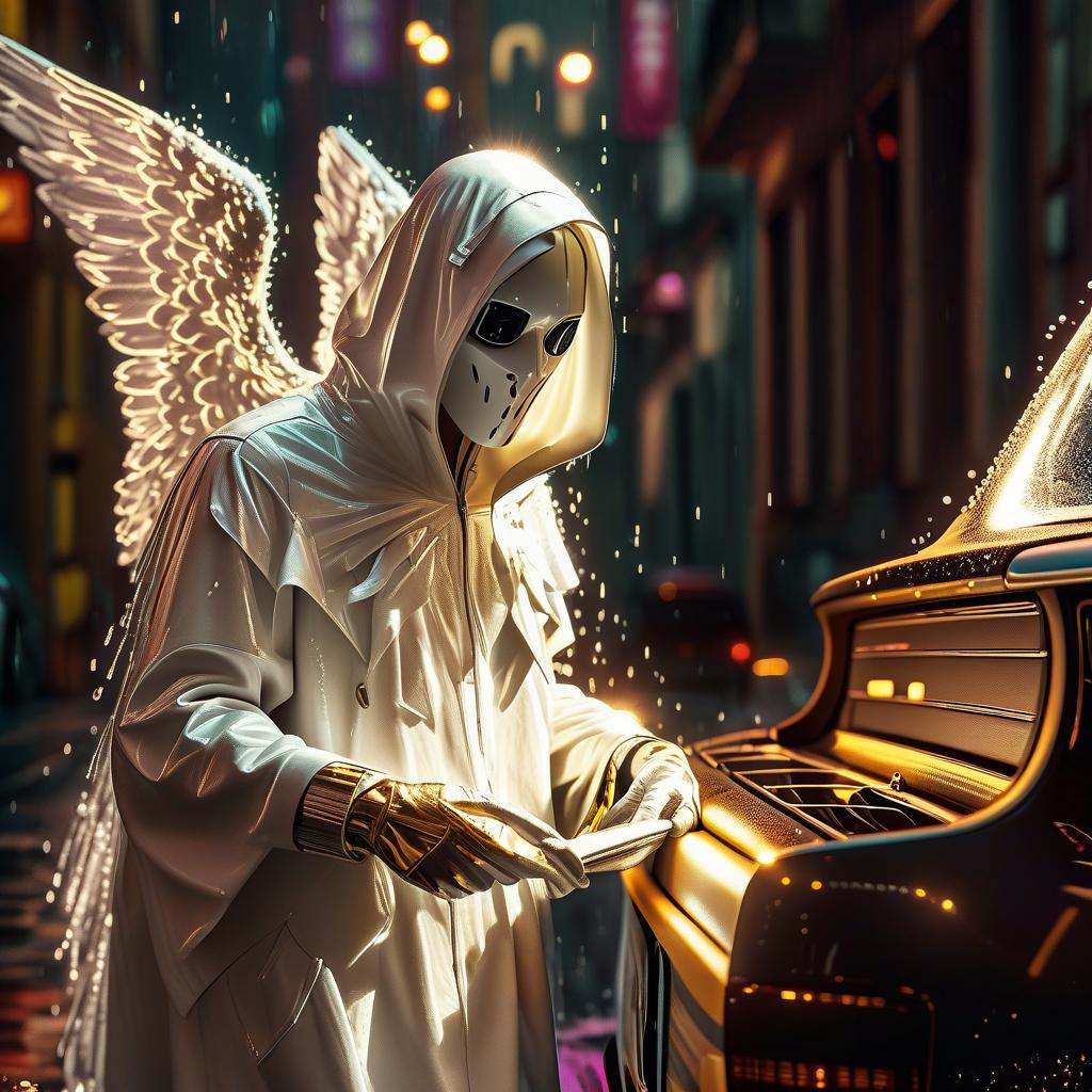  hyperrealistic art an angel in a white hood with no face in black sunglasses with large white wings sits on a black car in the rain . extremely high resolution details, photographic, realism pushed to extreme, fine texture, incredibly lifelike, hkmagic, glowneon