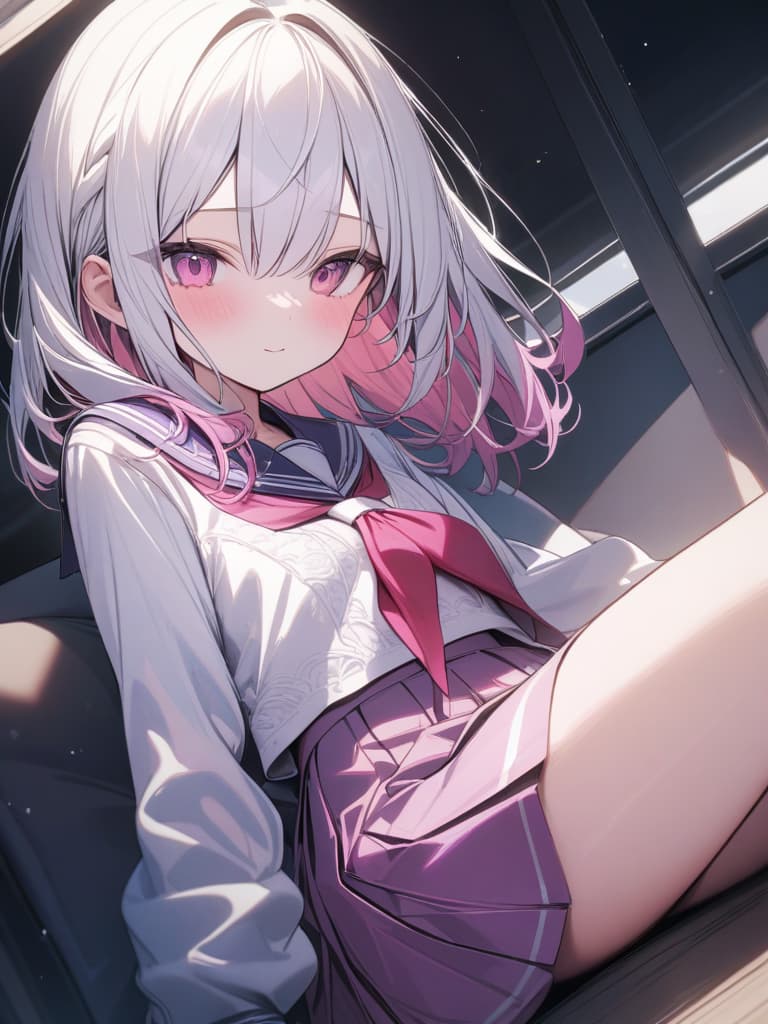  girls, white hair, pink, pink gradation hair color, cute face, purple sailor suit, pleated skirt, pink eyes, medium hair, masterpiece, best quality,8k,ultra detailed,high resolution,an extremely delicate and beautiful,hyper detail