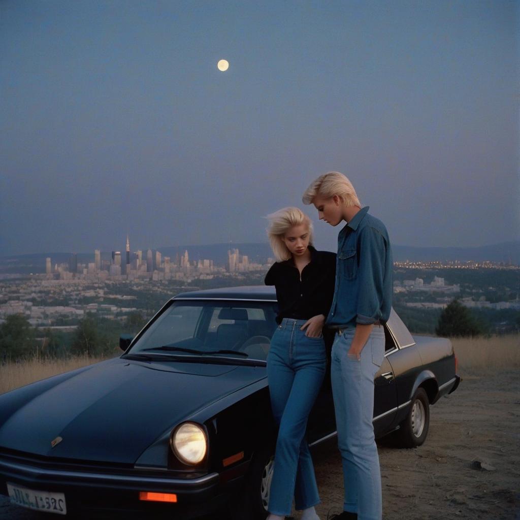  analog film photo a platinum blonde girl takes pictures on a polaroid in a black shirt and stands next to a blonde guy in a denim shirt, standing by a black car, a view from a hill, in the background the city, the time of dusk, a full light moon, the style of the 80 90s. . faded film, desaturated, 35mm photo, grainy, vignette, vintage, kodachrome, lomography, stained, highly detailed, found footage