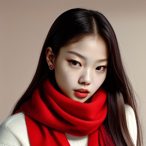  a woman with a red scarf around her neck and a red scarf around her neck and a red scarf around her neck, Jennie Kim, mannerism, perfect face, a poster