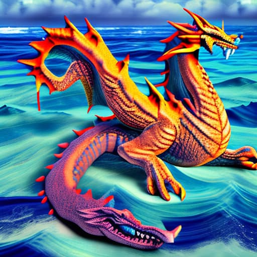 wa-vy style Blue huge Dragons swimming in the sea.