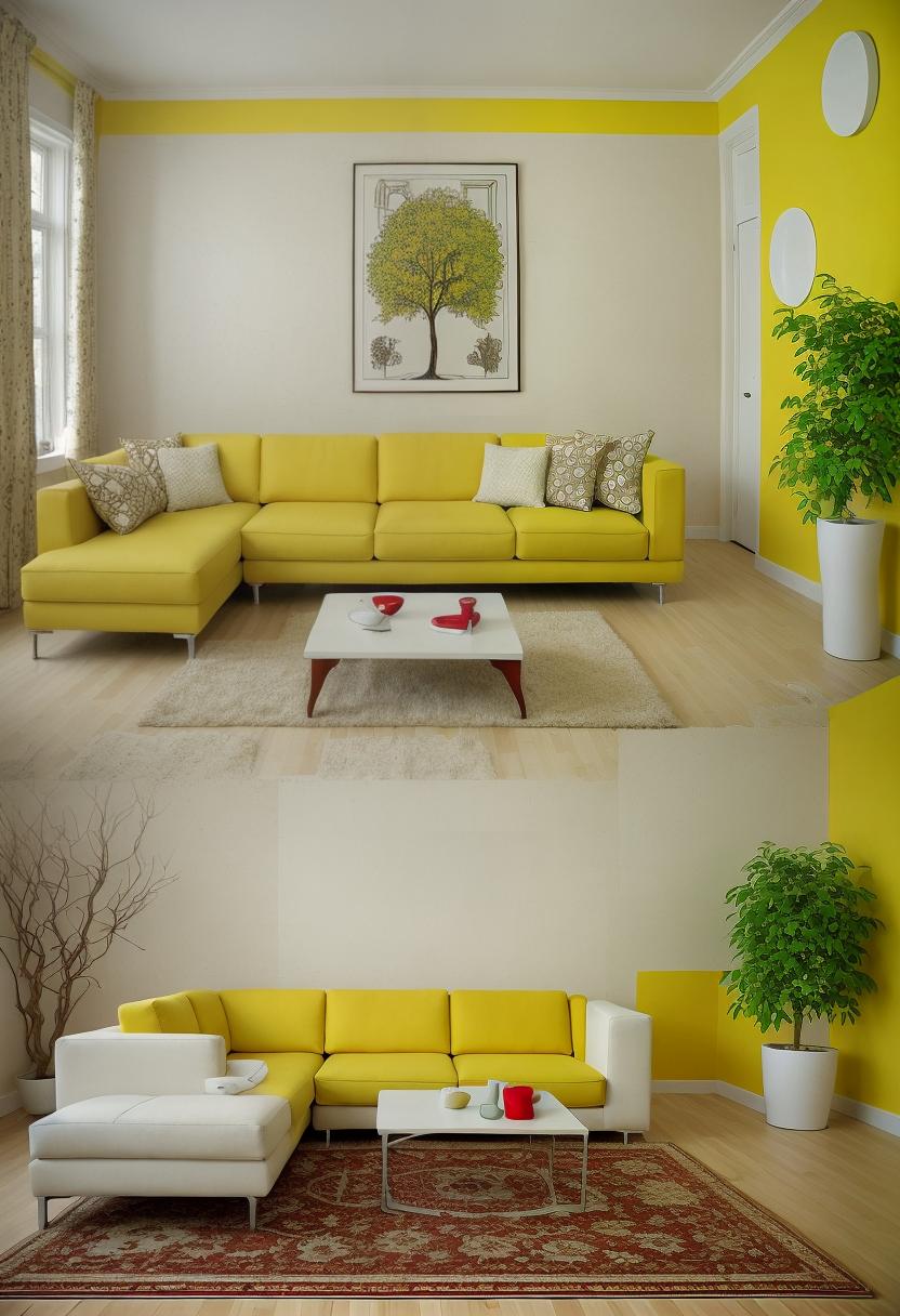  sofa having red and colour in a drawing room,and a half size of soaf an aquariem present beind that sofa in that drwing room, and a sqare shape center tabel on the brown carpet infront of that sofa also there, yellow and white colour wall is painted and one small tree is trere