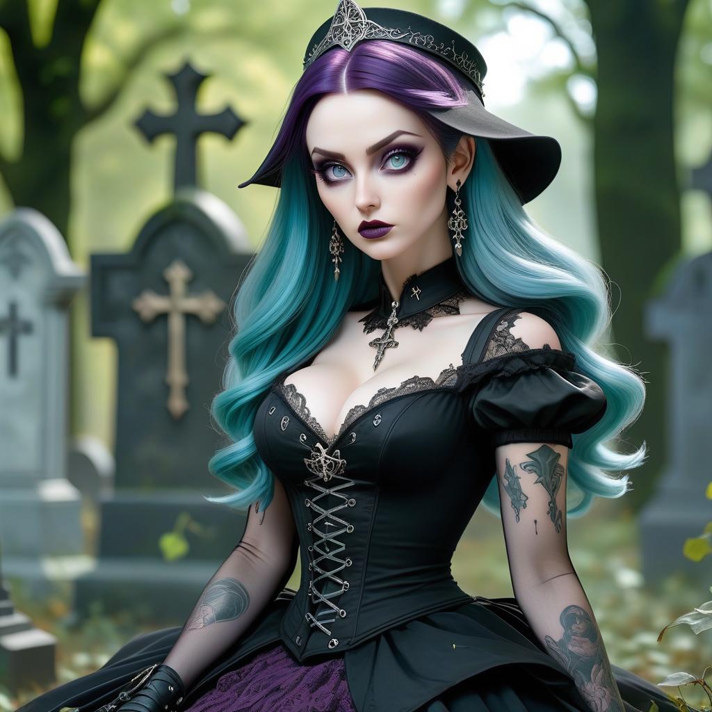  gothic style picture a very young with heterochromia: the left eye is light green, the right eye is light blue, both eyes are shining. she has pale skin, slim and athletic physique with an extremely thin waist. long saturated dark purple hair falls to the toes. the wears mive earrings in the form of crosses and several earrings in her ears. she has a tattoo on her and shoulders open. on his head is a wide brimmed pointed wizard's hat. dressed in a very short gothic ta dress with crinoline, tall mive boots on a sole, lace tights and garters. she holds the staff of a necromancer, and a curved dagger hovers in the air. a sits on a tombstone in a abandoned cemetery, surrounded by ghosts and dead knights hyperrealistic, full body, detailed clothing, highly detailed, cinematic lighting, stunningly beautiful, intricate, sharp focus, f/1. 8, 85mm, (centered image composition), (professionally color graded), ((bright soft diffused light)), volumetric fog, trending on instagram, trending on tumblr, HDR 4K, 8K