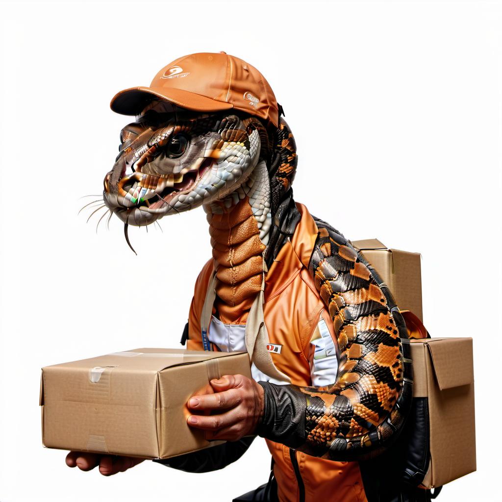  hyperrealistic art a snake in the form of a delivery courier is holding a box. the snake is wearing a cap and the background is orange. the image has high detail. . extremely high resolution details, photographic, realism pushed to extreme, fine texture, incredibly lifelike, civitai