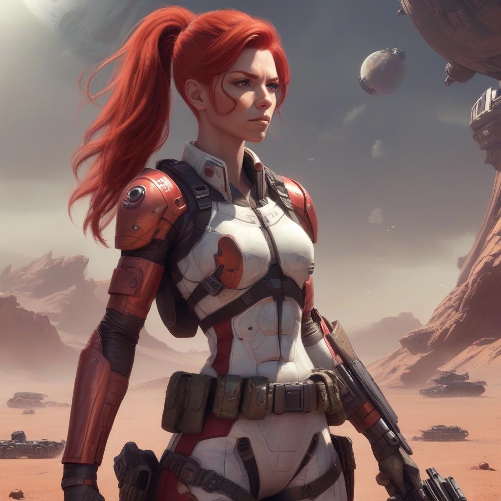  draw a full length female character, athletic build, red hair, the character lives on a distant colonized planet, specialization mercenary