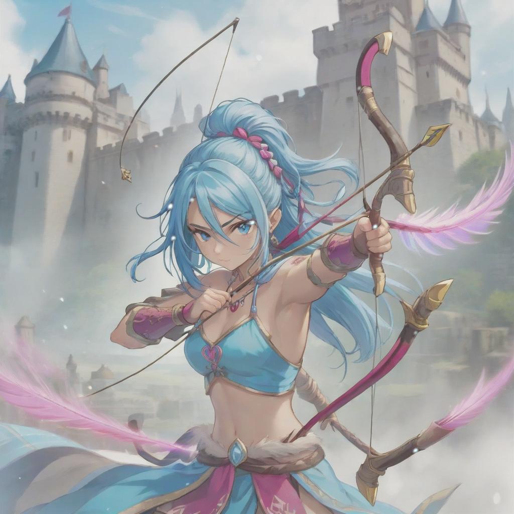  long exposure photo of portrait of strong rage amazonas archer. aqua eye. long blue hair. tilting head down, magenta mantle, shoulder pad feather, accessory necklace with pearls on the forehead, against the background of the castle siege . blurred motion, streaks of light, surreal, dreamy, ghosting effect, highly detailed, sticker, hkmagic