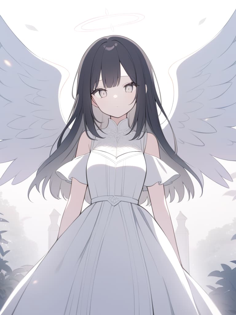  style: anime,delicate brushstrokes,soft colors,gentle shading,and thin outlines. emphasize detailed and expressive eyes. character: a girl with long,straight black hair and soft bangs,wearing an elegant white dress with frills and ribbons.features: angelic aura,with wings and a faint glowing halo above her head. mood: serene and slightlymelancholic expression,soft lighting for a peaceful atmosphere