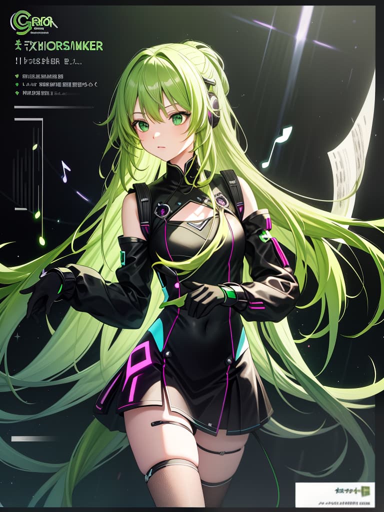  (masterpiece:0.9),best quality,(illustration,official art:1.1),hyper detail,1girl,solo,(green long hair:1.45),dynamic angle,(music note:1.25),(cinematic lighting,stray light),solid,[(partially [[green:purple:0.2]:green:0.35] barrage of notes:1.2):0.1],headphone,[(black background:1.25)::0.2],(elegant wallpaper:1.3),hdr,<lora:add detail:0.5> <lora:silicon landscape isolation:0.75> <lora:gloss tweaker v2: 0.6>