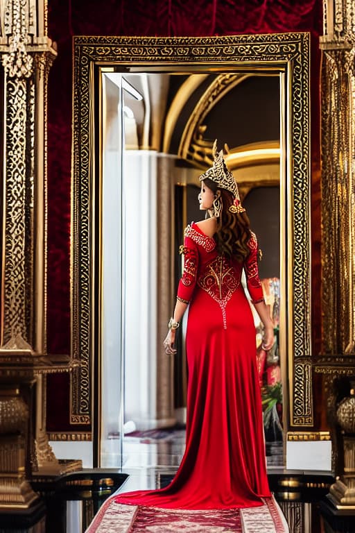  an elven lady wearing a intricate red dress stands inside a fantasy palace room. she has curling red hair. Luxury, jewelry, decorations, royal, magical