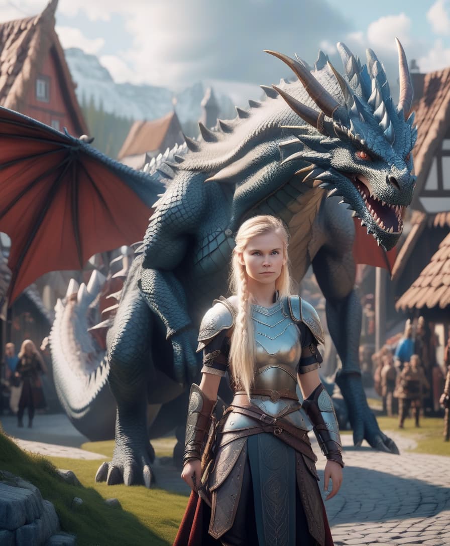  girl, scandinavian warrior, next to her dragon, against the background of a scandinavian village