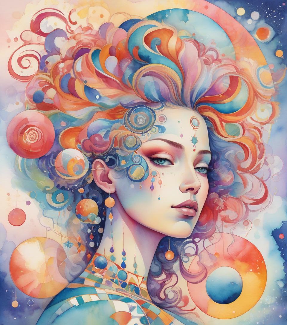  a vibrant digital artwork portraying a woman with elaborate, colorful hair adorned with swirling patterns and celestial orbs set against a dreamy backdrop. gorgeous watercolor patchwork, fantasy, fantastic, no corners, kandinsky dot line drawing, highly detailed, exquisitely intricate, beautiful, clear, high quality, colorful.