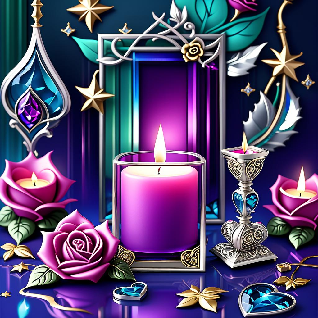  luxury product style (background):colour:violet blue. (background decoration):silver frames in the shape of hearts and gold fancy stars. (centre):glass square pink candlestick and lighter decorated with fancy roses. (rose colour):pink, dark pink, with cream border. (leaf colour):dark green, green blue, light green. (style):fantasy, fantasy art design, jewellery, interior. . elegant, sophisticated, high end, luxurious, professional, highly detailed