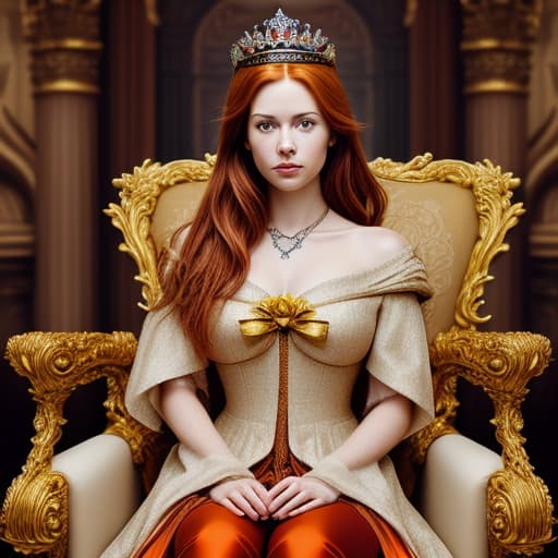  Portrait of a beautiful auburn - haired woman with a guilded crown sitting on a throne with heightened detail