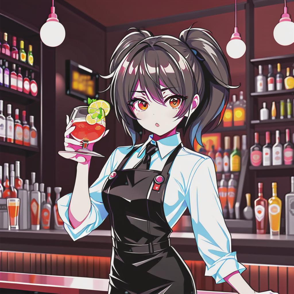  line art drawing bartender girl, same nightmare. anime style . professional, sleek, modern, minimalist, graphic, line art, vector graphics