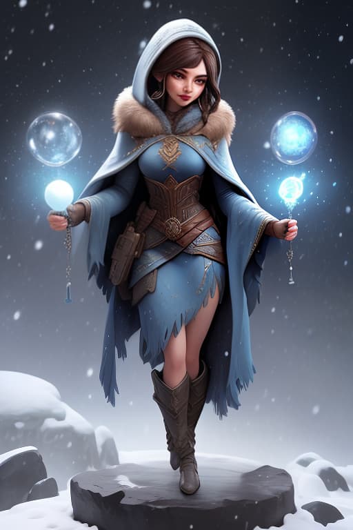  A fantasy book cover features a young sorceress with dark brown hair, a fringe, dark eyes, a slightly crooked nose, and freckles on her cheeks. She has pointed ears. She's wearing a blue robe of a magician with a fur cape, and a hooded cape on her head. In her hands, she holds a wand of light with a round glass sphere at the top. In the background, a Snowy Skyrim landscape. [Note: "снежный пейзаж skyrim" is likely referring to a book set in the game universe of Skyrim, so it's appropriate to include that information. The prompt is in Russian, but I assume the word "обложка" means "cover."] hyperrealistic, full body, detailed clothing, highly detailed, cinematic lighting, stunningly beautiful, intricate, sharp focus, f/1. 8, 85mm, (centered image composition), (professionally color graded), ((bright soft diffused light)), volumetric fog, trending on instagram, trending on tumblr, HDR 4K, 8K