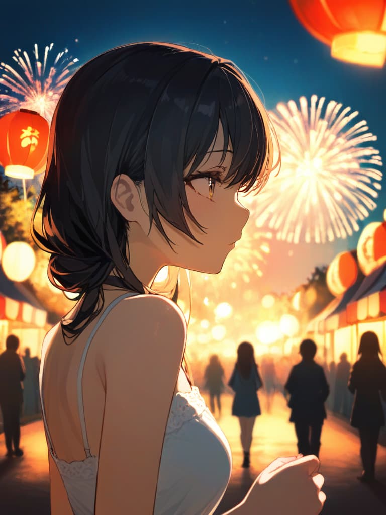  ((summer festival,fireworks,back view: 1.5,watching fireworks,long hair,black hair,white dress,summer festival,watching fireworks))、ultra detailed,best shadow,cute and beautiful face,(masterpiece:1.2),(best quality:1.2),detailed background,high contrast,(best illumination,an extremely delicate and beautiful),((cinematic light)),hyper detail,dramatic light,intricate details,8k,anime,very aesthetic