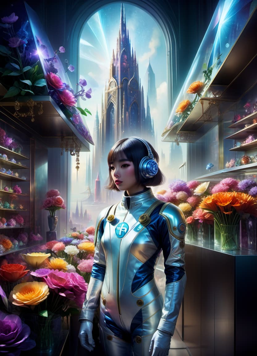  (art by style of ross tran:1.2): space flower shop, seller in spacesuit, flower bouquets covered with glass caps, against the backdrop of the magic tower, against a backdrop of shelves with bouquets under glass caps, sci fi abstract art, multicolore, (frame with intricate thin celtik magical symbol ornamentation:1.4) :: (thin: 1,3) lines,, civitai