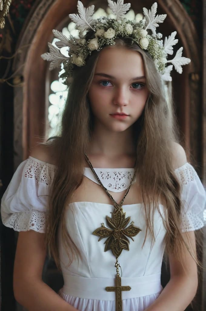  closeup a cute 18 yo slavic girl in a white dress, in a pagan shrine..