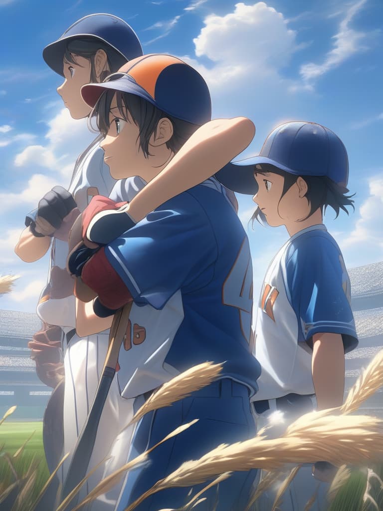  baseball boy, the sky is sunny, two people are crossing their shoulders, masterpiece, best quality,8k,ultra detailed,high resolution,an extremely delicate and beautiful,hyper detail