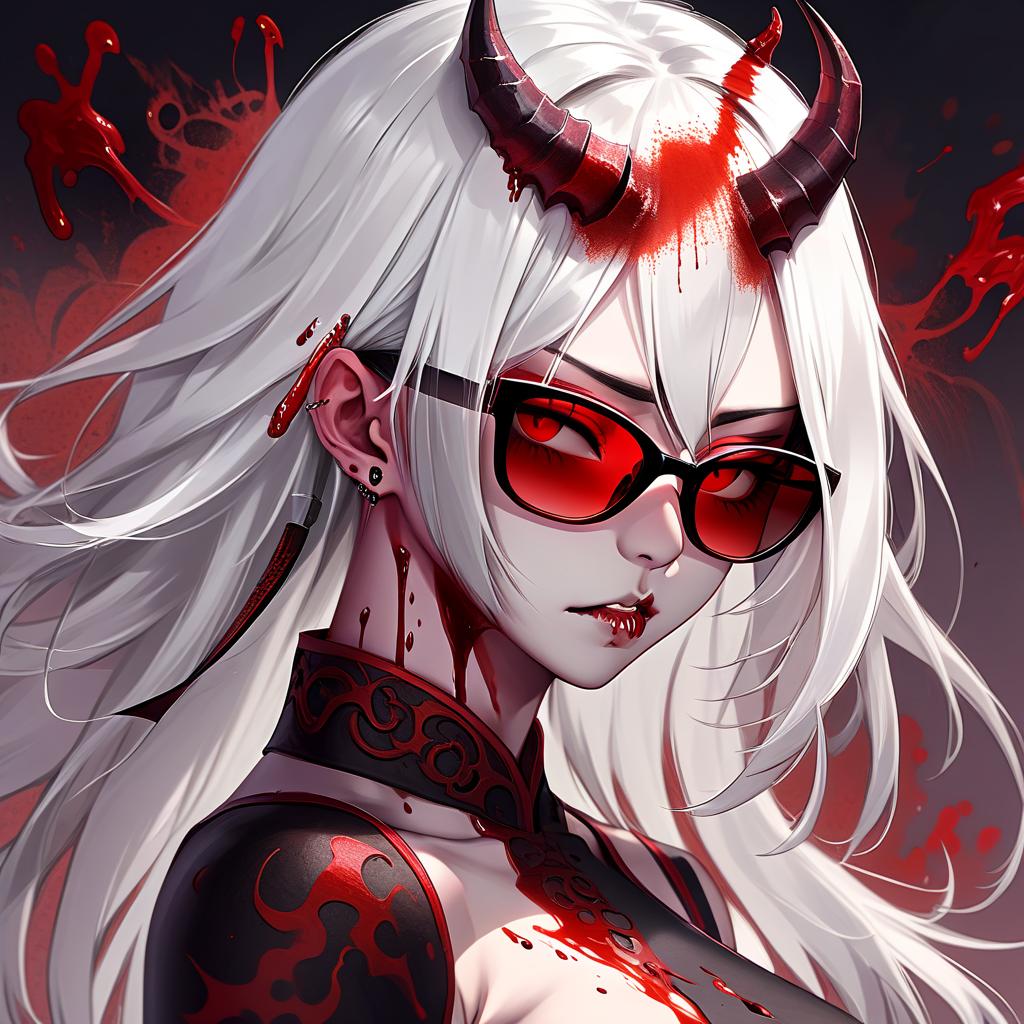  demon , white hair, asian, red shades, blood on the face, 