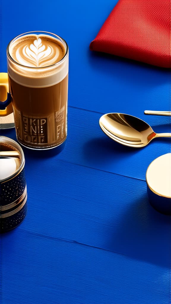  celebrate father's day with a curated display of morning essentials like coffee and elegant accessories, all set on a bold blue background ar 9:16 {prompt}, maximum details