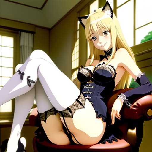  blonde with cat ears. in lace underwear and stockings. full height. smiles., manga big eyes expressive faces colorful hair hayao miyazaki masashi kishimoto makoto shinkai clamp yoshiyuki sadamoto