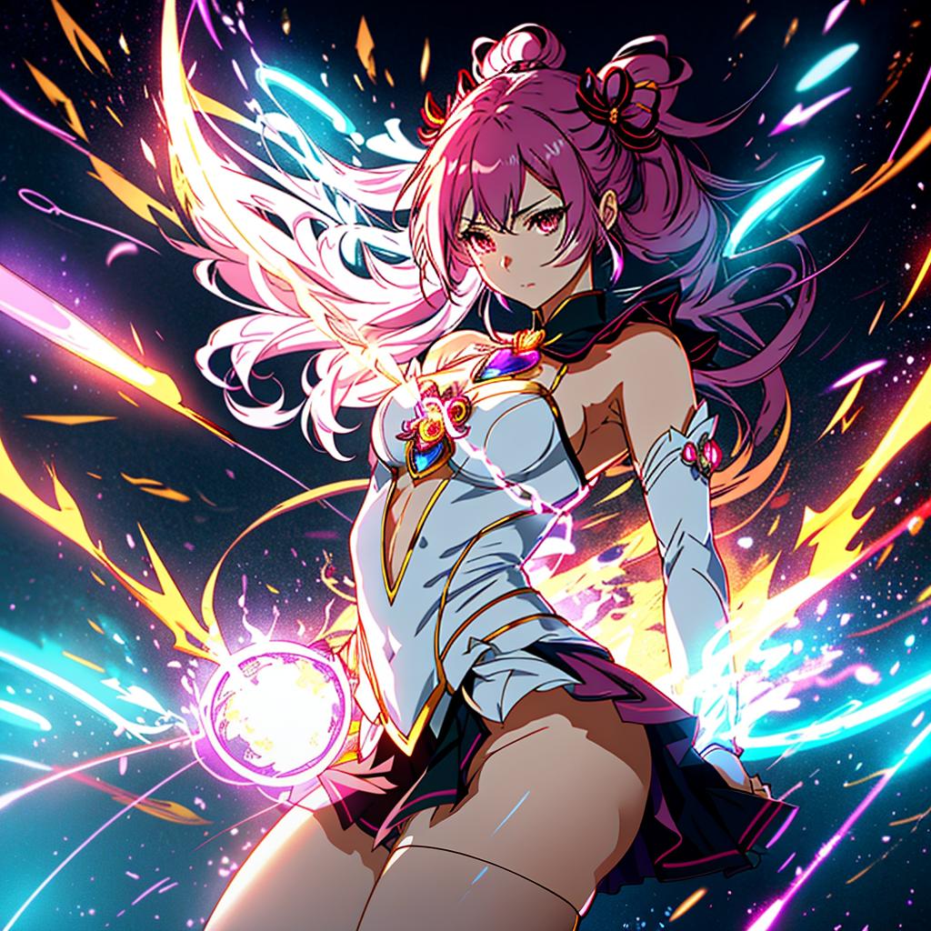  a magical girl with a striking pose, inspired by akiyuki shinbo's art style, featuring bold lines, vibrant colors, and intricate details on the magical girl designs. incorporate the iconic madoka kaname symbol on the character's forehead and a dynamic pose showcasing their magical abilities. hyperrealistic, full body, detailed clothing, highly detailed, cinematic lighting, stunningly beautiful, intricate, sharp focus, f/1. 8, 85mm, (centered image composition), (professionally color graded), ((bright soft diffused light)), volumetric fog, trending on instagram, trending on tumblr, HDR 4K, 8K