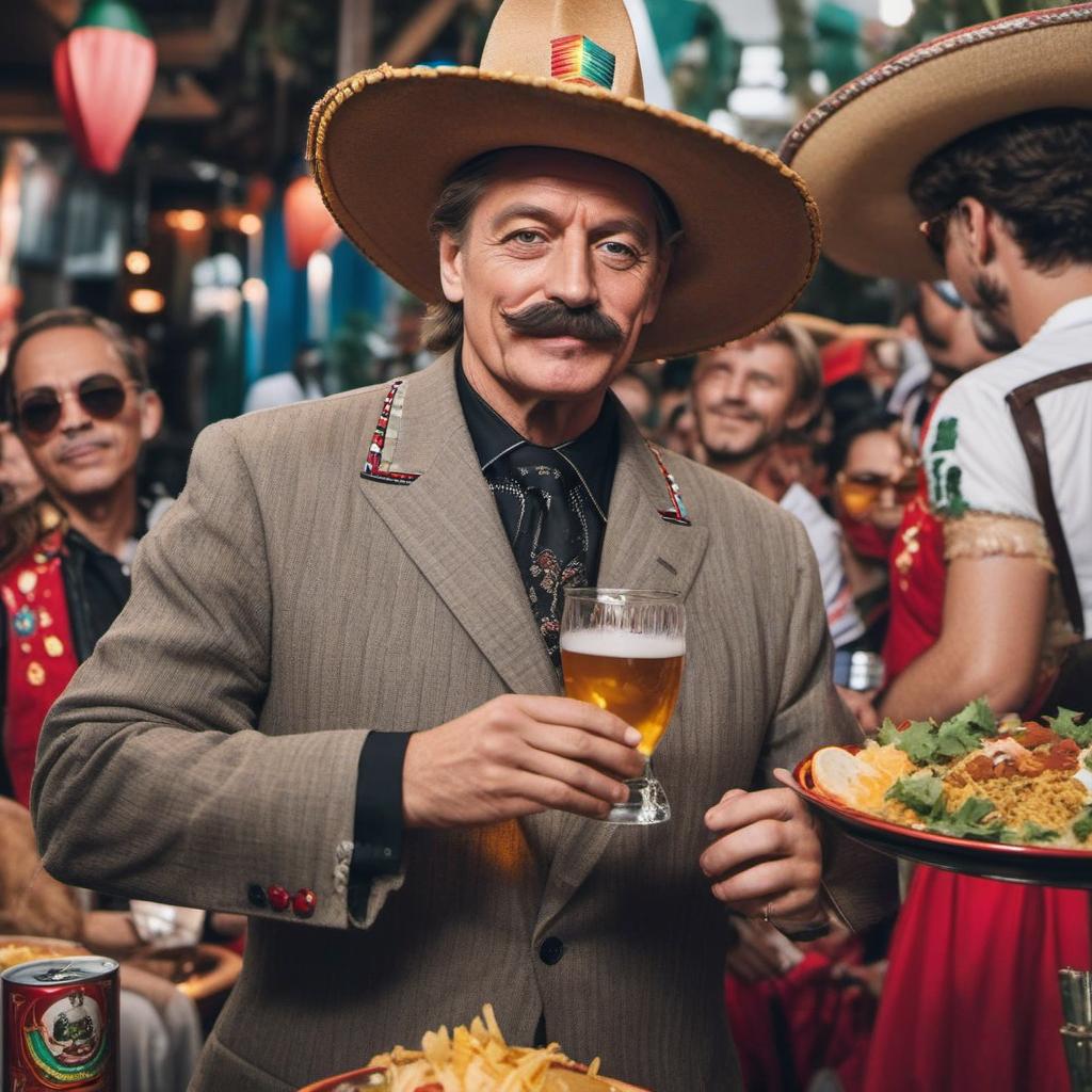  german chancellor olaf scholtz with a mexican mustache and sombrero. he is partying with other germans in hamburg with mexican beer/tacos., profile image style