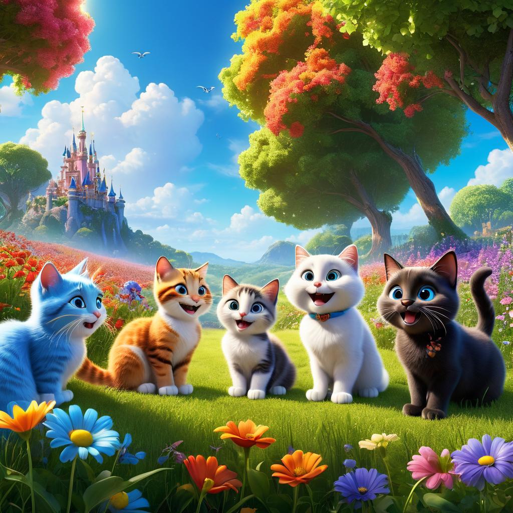  in 3d animated movie style. disney pixar style. umer, old confident and kind , kitten, and curious, and friends celeting a successful mission in a lush meadow with colorful flowers and a bright blue sky. high resolution pixar 3d animated film style capturing the joyful moment. bright, soft lights illuminate the scene, enhancing the vint setting. slightly elevated perspective showcasing the group's bond in animated conversation and laughter.