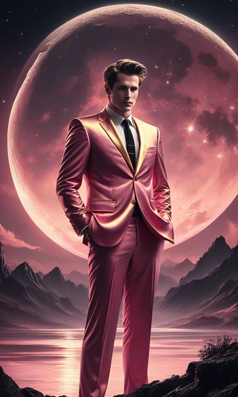  concept art color pink, white, black, gold night sky against the moon stands a man in a gold suit facing us . digital artwork, illustrative, painterly, matte painting, highly detailed, perfect hands