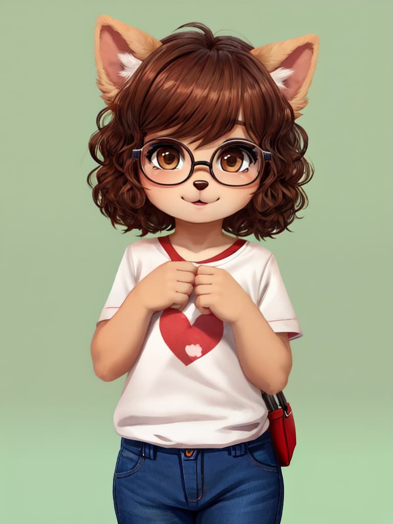  a young woman with curly brown medium hair, black glasses, and brown eyes, half dog