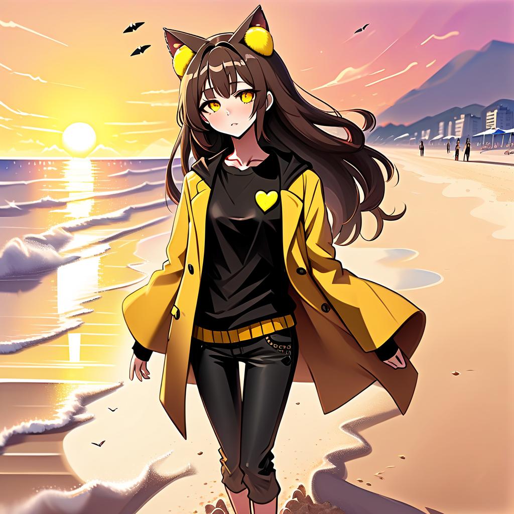  psychedelic style an anime style girl with cat ears stands on the beach, where soft sand extends to the horizon. he has long dark brown hair, which flies slightly in the breeze. his face, with pronounced jewish and slavic features, radiates lively energy. brown eyes are full of deep emotions, as if reflecting the vast expanses of the ocean. he wears a bright yellow coat that seems to shine, catching the eye and contrasting with the soft shades of the sunset. under his coat he wears a black shirt and black pants are decorated with yellow elements, creating a stylish and dynamic look. a bright red sunset turns into the night, and the bright red rays of the sun fall on the terrain, highlighting the sandy shore and contrasting with the night da