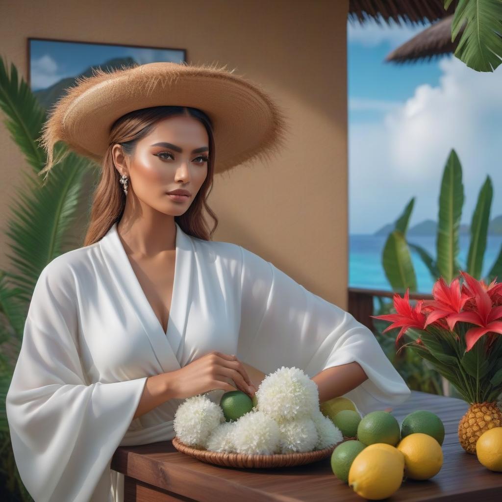  Tahiti hyperrealistic, full body, detailed clothing, highly detailed, cinematic lighting, stunningly beautiful, intricate, sharp focus, f/1. 8, 85mm, (centered image composition), (professionally color graded), ((bright soft diffused light)), volumetric fog, trending on instagram, trending on tumblr, HDR 4K, 8K