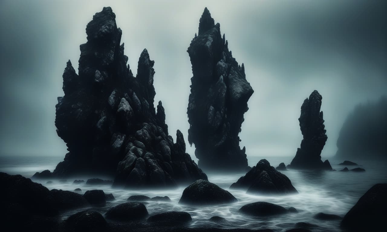  macabre style black mossy rocks. the rocks stand in the middle of the black sea. fog . dark, gothic, grim, haunting, highly detailed