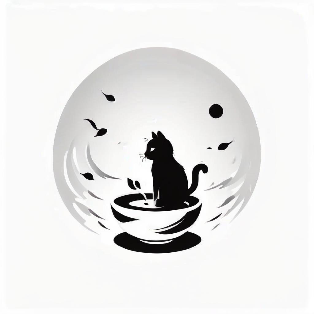  silhouette style draw a logo for a chinese teahouse using a picture of a bowl for tea, cat and sea . high contrast, minimalistic, black and white, stark, dramatic, logo