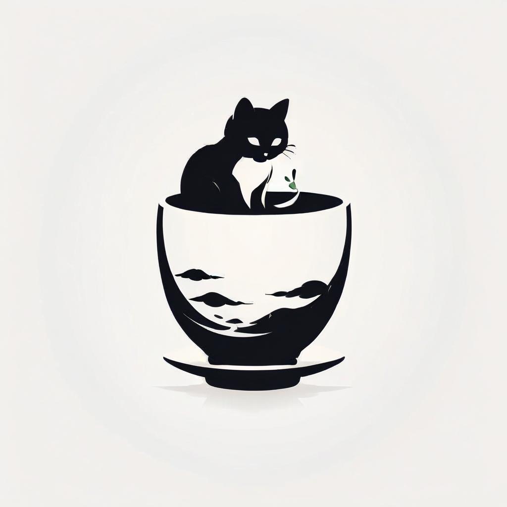  silhouette style draw a logo for a chinese teahouse using a picture of a bowl for tea, cat and sea . high contrast, minimalistic, black and white, stark, dramatic, logo