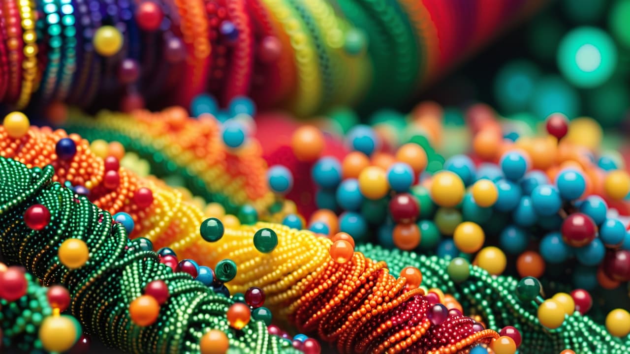  a vibrant close up of intricate beadwork, showcasing a kaleidoscope of colors and patterns. delicate beads in various sizes and textures, arranged in elaborate designs, glistening under soft light, with a blurred artisan's workspace in the background. hyperrealistic, full body, detailed clothing, highly detailed, cinematic lighting, stunningly beautiful, intricate, sharp focus, f/1. 8, 85mm, (centered image composition), (professionally color graded), ((bright soft diffused light)), volumetric fog, trending on instagram, trending on tumblr, HDR 4K, 8K