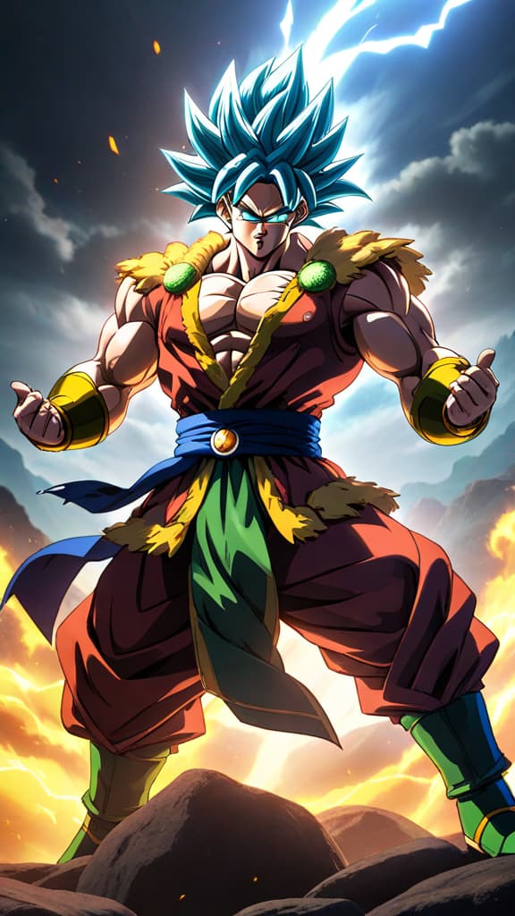  broly from dragon ball training with whis, glowing with ultra instinct aura, in an anime art style hyperrealistic, full body, detailed clothing, highly detailed, cinematic lighting, stunningly beautiful, intricate, sharp focus, f/1. 8, 85mm, (centered image composition), (professionally color graded), ((bright soft diffused light)), volumetric fog, trending on instagram, trending on tumblr, HDR 4K, 8K