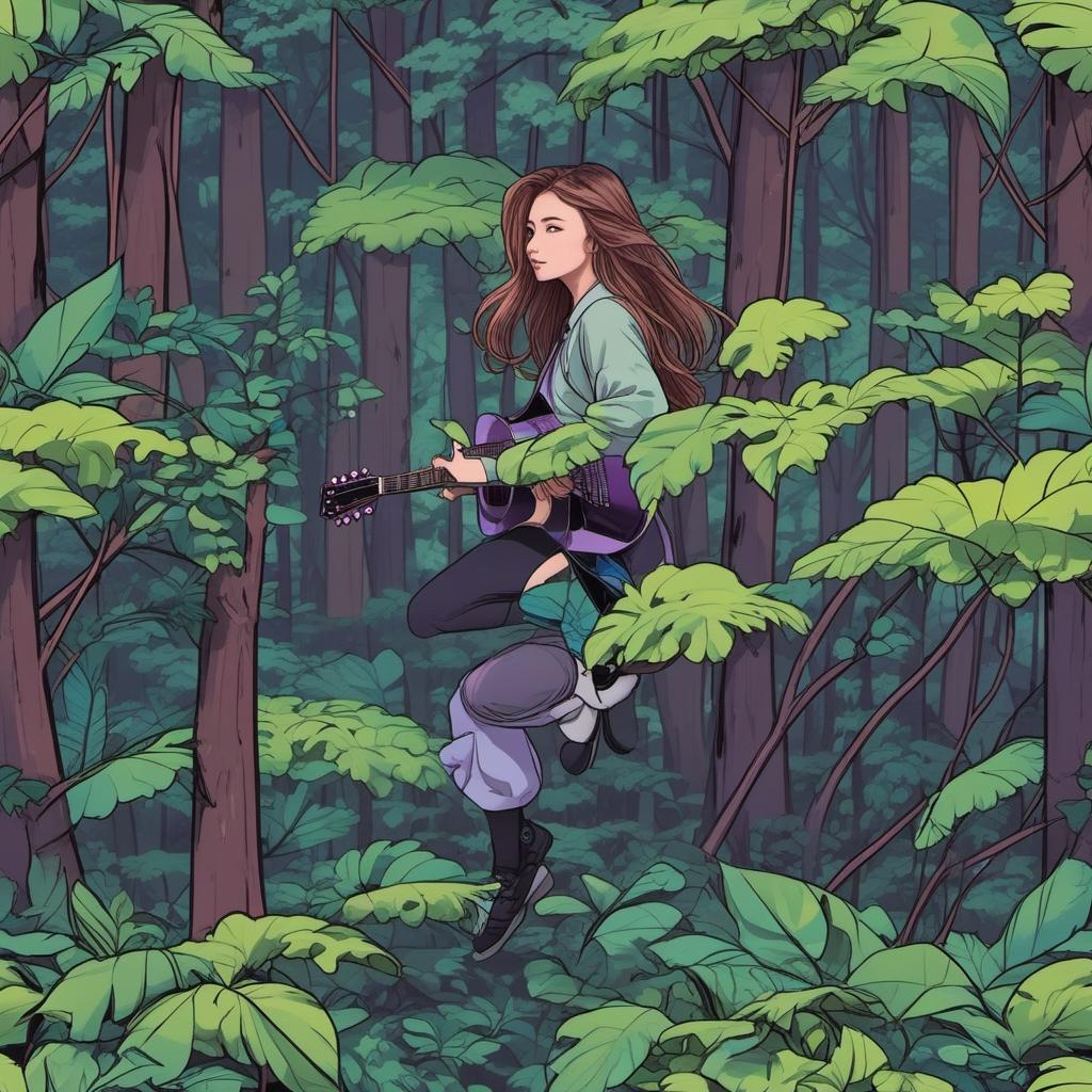  jolie fille qui joue de la guitare électrique dans une forêt hantée violette , anime style, manga style, manhwa style