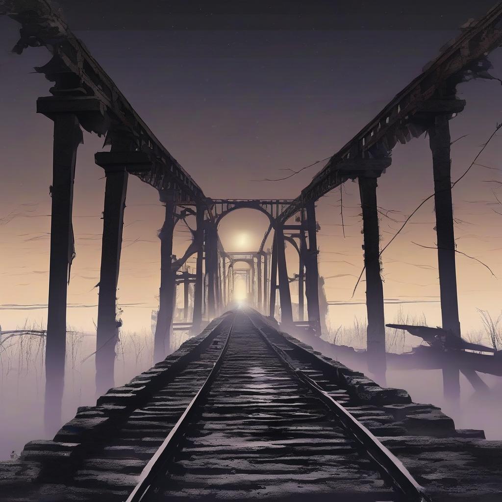  night. the ruins of an ancient iron railroad bridge illuminated by an eerie moonlight.