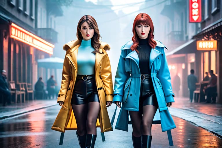  2 girls hyperrealistic, full body, detailed clothing, highly detailed, cinematic lighting, stunningly beautiful, intricate, sharp focus, f/1. 8, 85mm, (centered image composition), (professionally color graded), ((bright soft diffused light)), volumetric fog, trending on instagram, trending on tumblr, HDR 4K, 8K