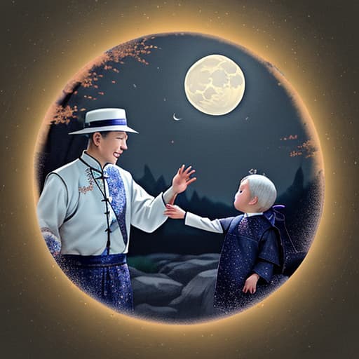  Mid-Autumn Festival, bright moon. Moonlight on the path, sister, brother, father, mother, hand in hand, slowly forward,