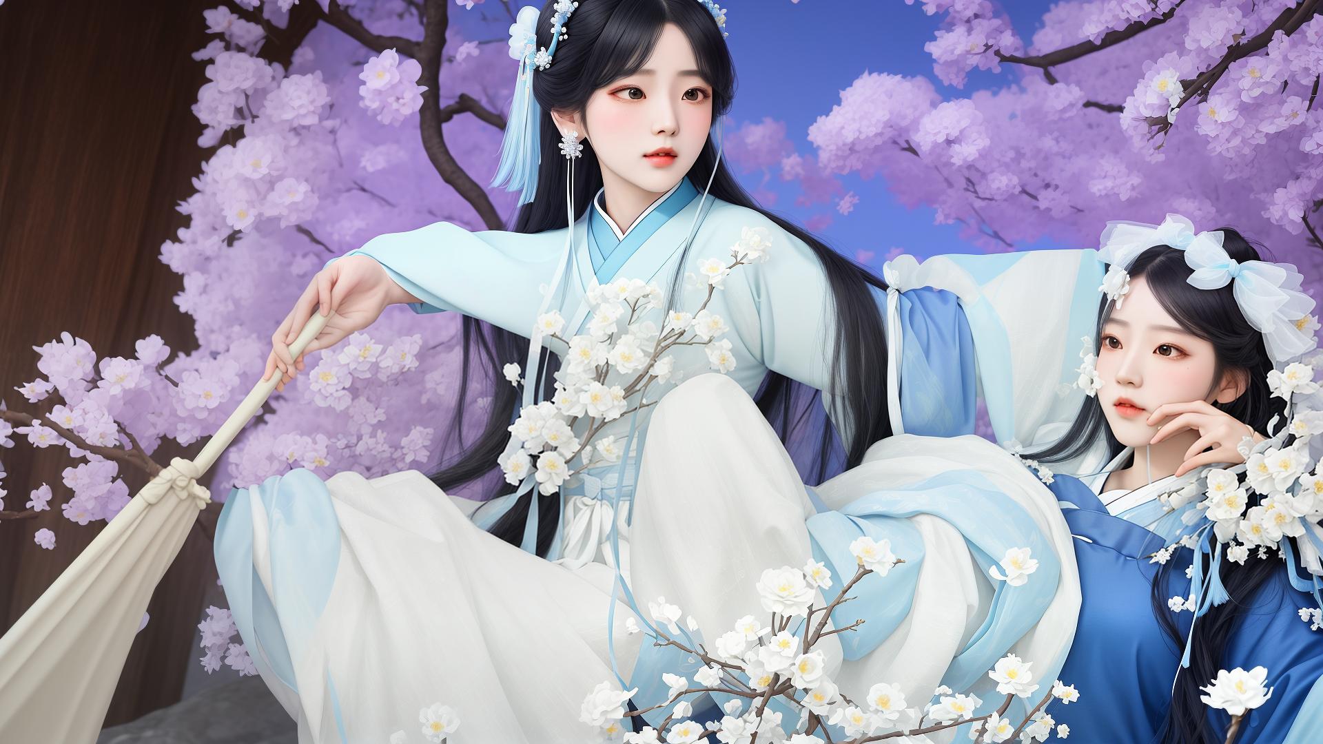  masterpiece, best quality, (fidelity: 1.4), best quality, masterpiece, ultra high resolution, poster, fantasy art, very detailed faces, 8k resolution, chinese style, an woman, side face, quiet, light blue hanfu, tulle coat, long black hair, light blue fringed hair ornament, hairpin, white ribbon, white flower bush, light blue butterfly flying, cinematic lighting effects