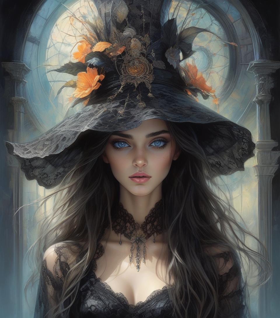  hyperrealistic digital painting of a beautiful girl, reflections in very detailed eyes, looking at the viewer, long hair, wide hat, black lace outfit and in a surreal and fantastical setting, combining the artistic styles of josé royo, boris vallejo, julie bell , carne griffiths and brian froud, accurate anatomy, with symmetrical centered composition, volumetric lighting, rays, bright color highlights, high contrast