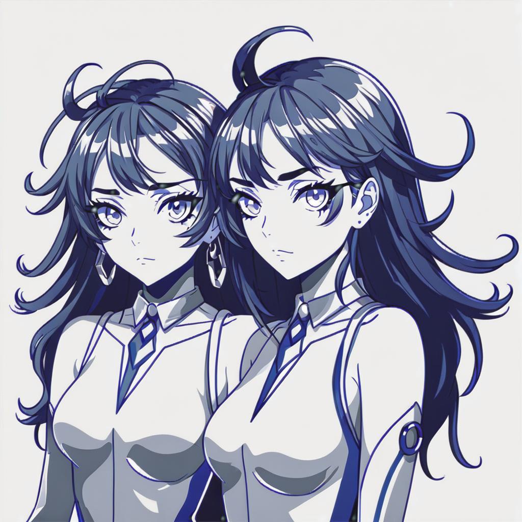  line art drawing gemini girls, same nightmare. anime style . professional, sleek, modern, minimalist, graphic, line art, vector graphics