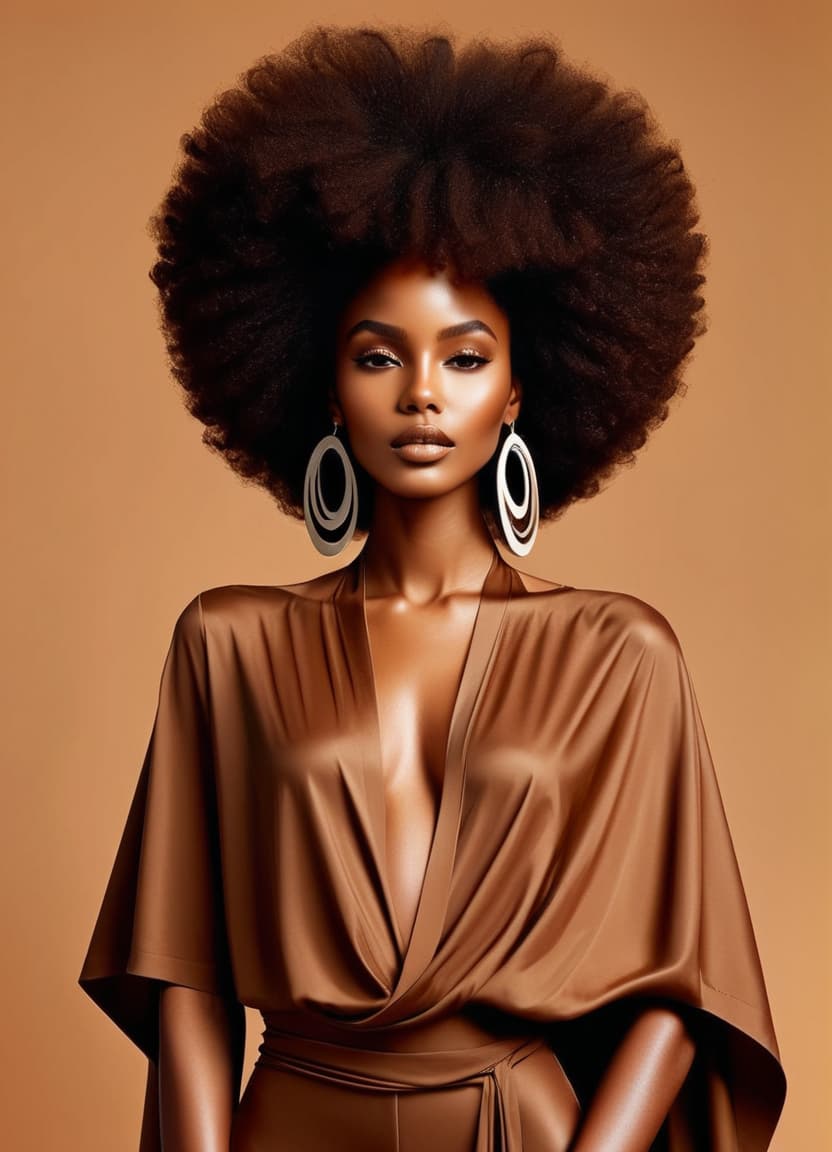  minimalism, a beautiful african woman with brown skin. with an afro. she wears a flowy brown outfit. she is a goddess, abstract, simple geometic shapes, hard edges, sleek contours, minimalism